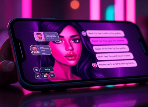 Digital illustration of an adult-themed AI chat interface with a virtual character on a modern device in a neon-lit environment.