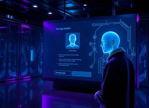 Futuristic scene of a user interacting with an AI chatbot on a holographic interface in a high-tech environment with neon lighting.